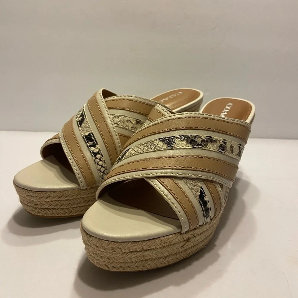 Brand New Coach Florentine Open Toe Leather Wedge Sandals Chalk Sz 10